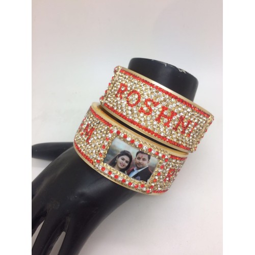 Attractive red personalised bangles with couple picture